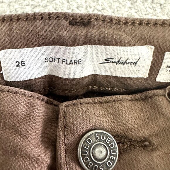 Subdued Soft Flare Jeans Womens High Rise Smile Brown Raw Hems Stretch - Picture 7 of 16